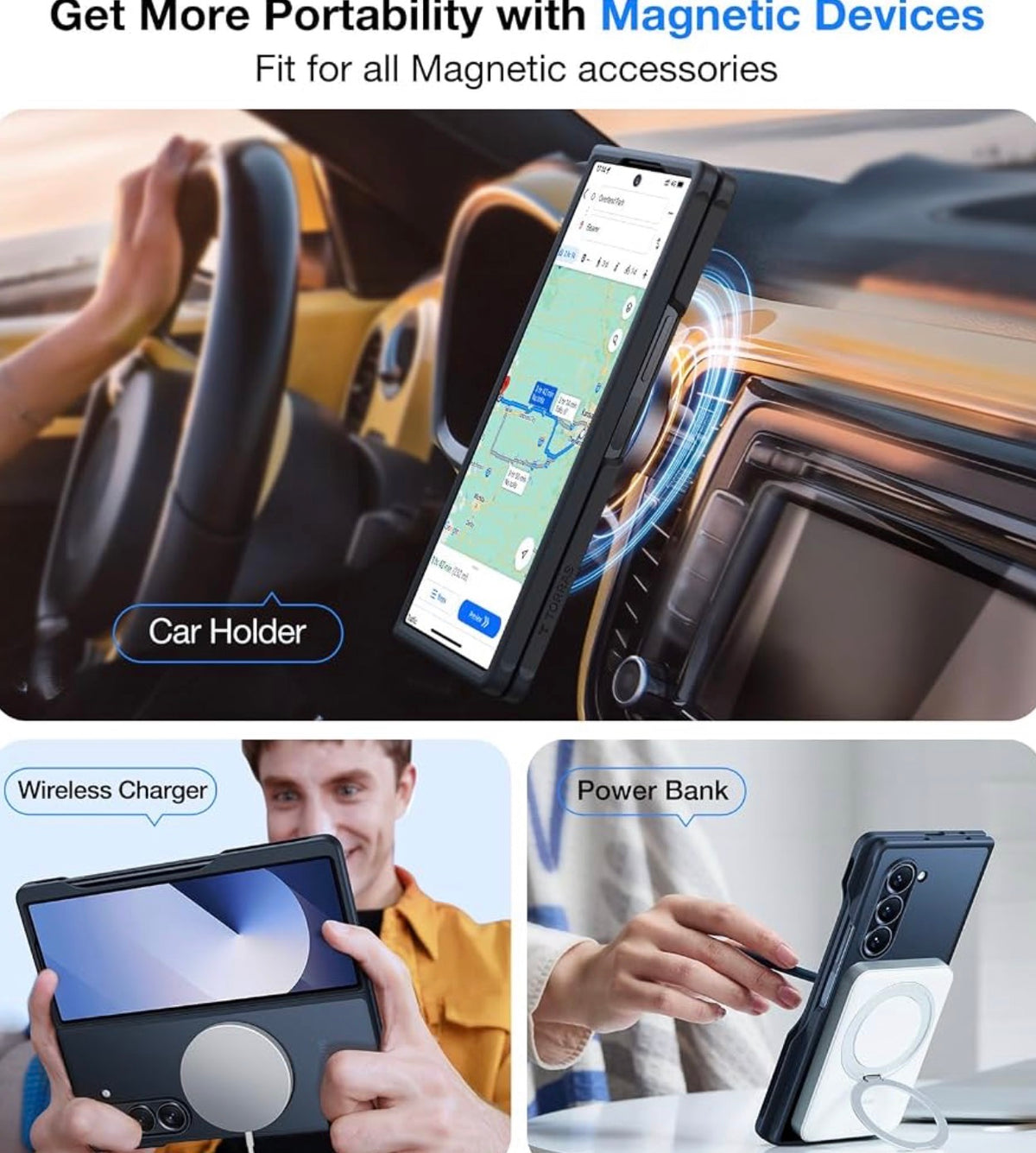 TORRAS Magnetic Shockproof Compatible with Samsung Galaxy Z Fold 6 Case with S Pen Holder, [Compatible with Magsafe] [Military Grade Drop Tested]Translucent Slim Phone Case for Samsung Z Fold 6, Black