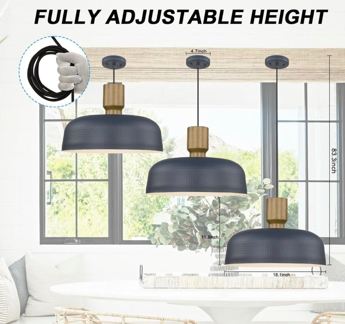 Darkaway Large Industrial Pendant Light Fixtures with Hammered Metal Shade, 2 Pack Blue 18.1 inch Oversized Pendant Lighting for Kitchen Island Hanging Lamp Adjustable Height
