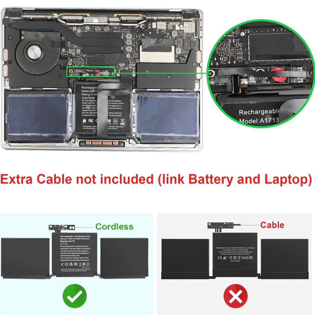 Replacement Battery A1713 A2171 for MacBook Pro 13 Inch A2159 (2019) A2289 (2020) A2338 (2020), A1708 Late 2016 Mid 2017 (EMC 2978 3164), MPXQ2LL/A MLL42LL/A MLUQ2LL/A MPXR2LL/A MPXU2LL/A MPXT2LL/A