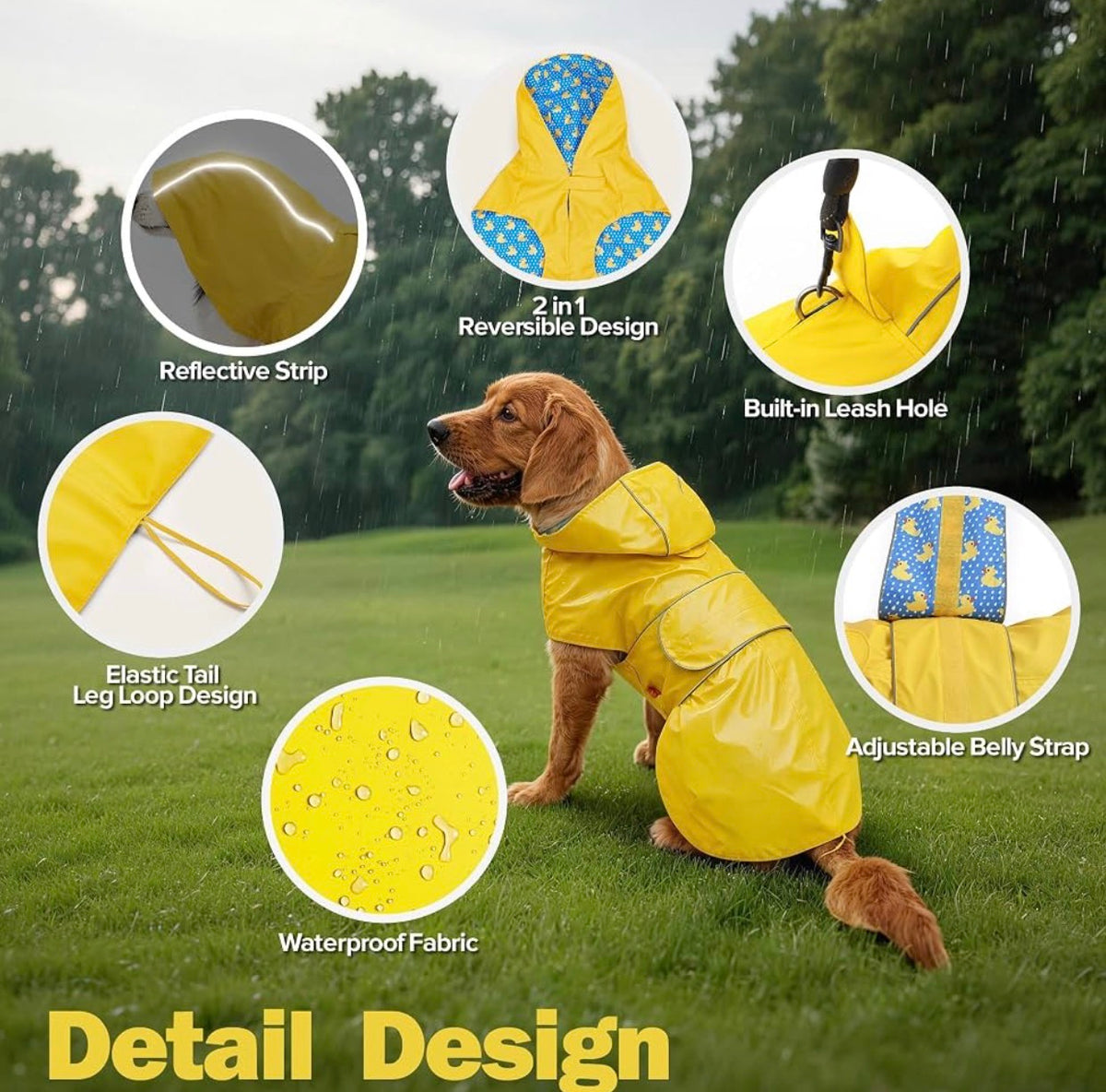 Dog Raincoat Waterproof Dog Rain Jacket - Size Small, Reversible Dog Rain Coat, Adjustable Dog Poncho with Leash Hole/Reflective Stripe Hooded Snowproof Dog Clothes for Small Dogs