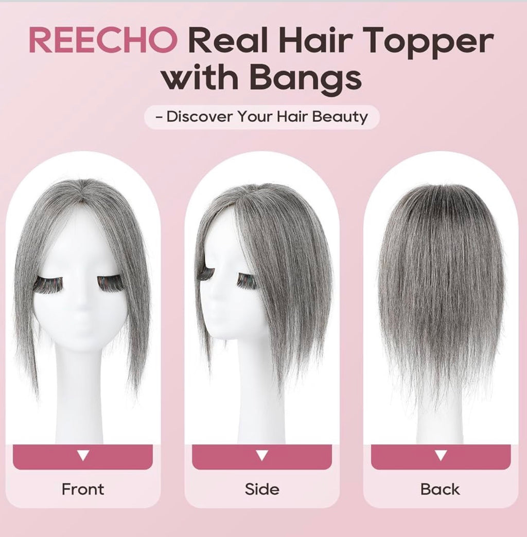 Human Hair Toppers for Women Real Human Thick Hair Topper Invisible Wiglett for Daily Wear Adding Instant Volume, Gray