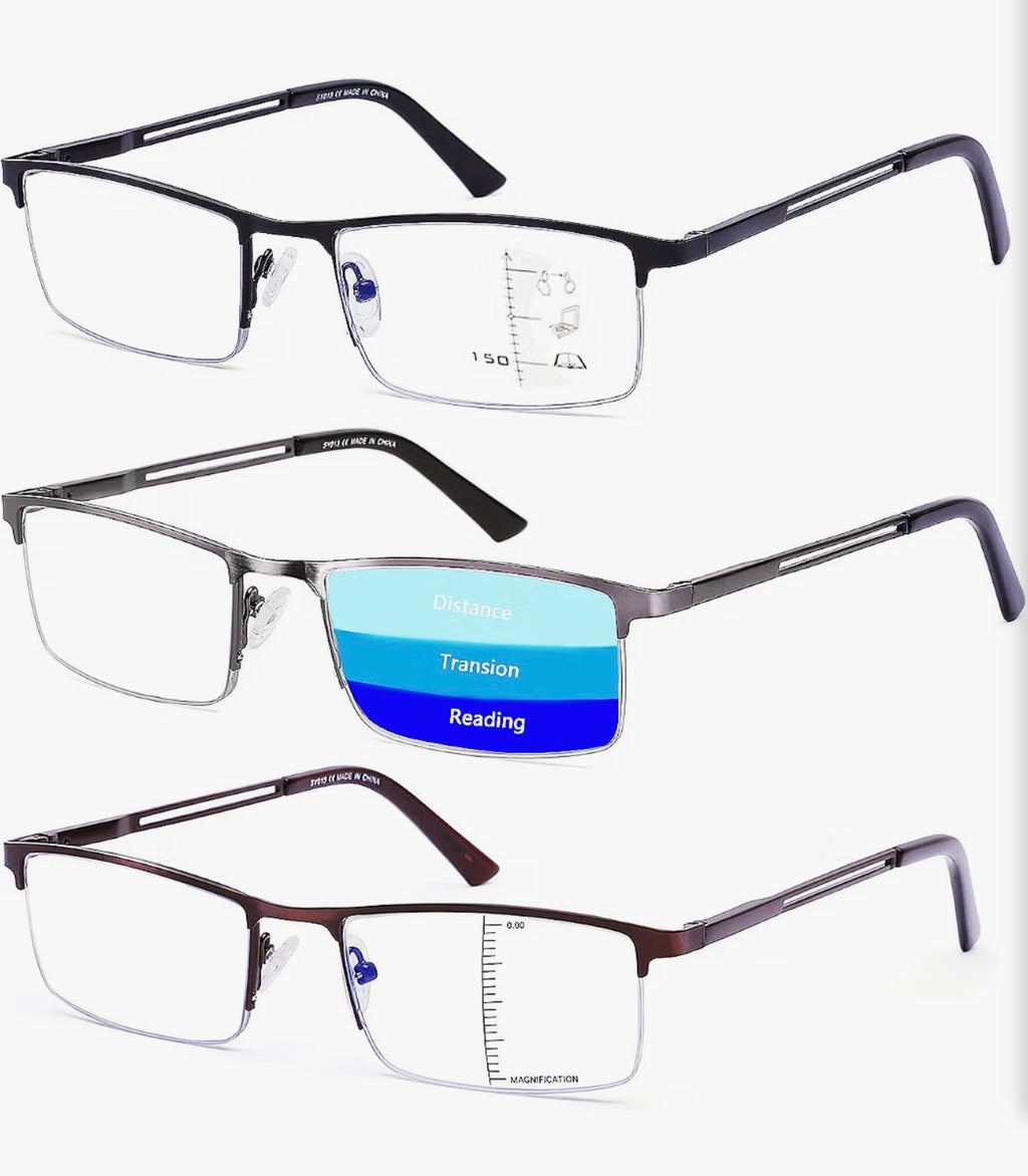 3 Pack Semi-Rimless Anti Blue Light Reading Glasses, Progressive, 2.0 x, Black, Silver & Bronze