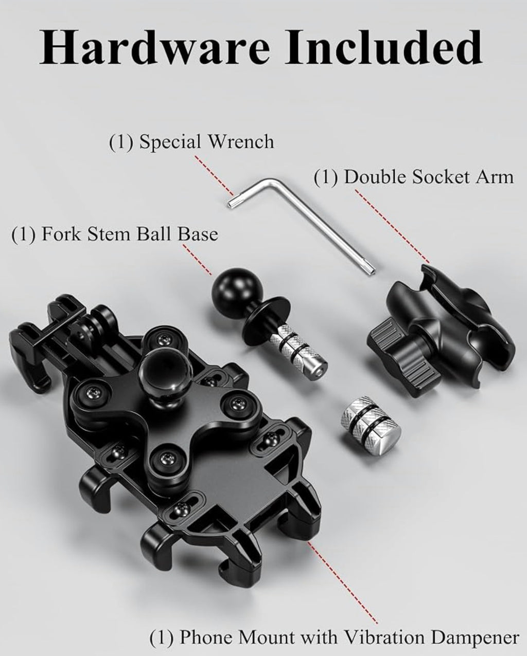 Motorcycle Fork Stem Phone Mount with Vibration Dampener, Heavy Duty Cellphone Holder Fit Stem Tubes 12mm-25.4mm in Diameter, Adjustable for 5.4 - 6.9'' Smartphone