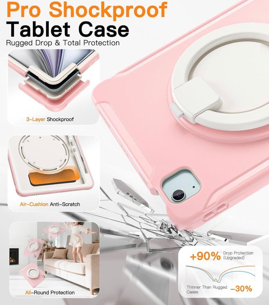 Case for iPad Air 11 Inch M2 M3 M4, Air 4th 5th, Pink
3in1 PC+TPU, Shockproof, 360° Rotatable 180° Foldable Ring Stand for Grip, Carry, Hang and Multi-Angle Viewing,Pencil Holder