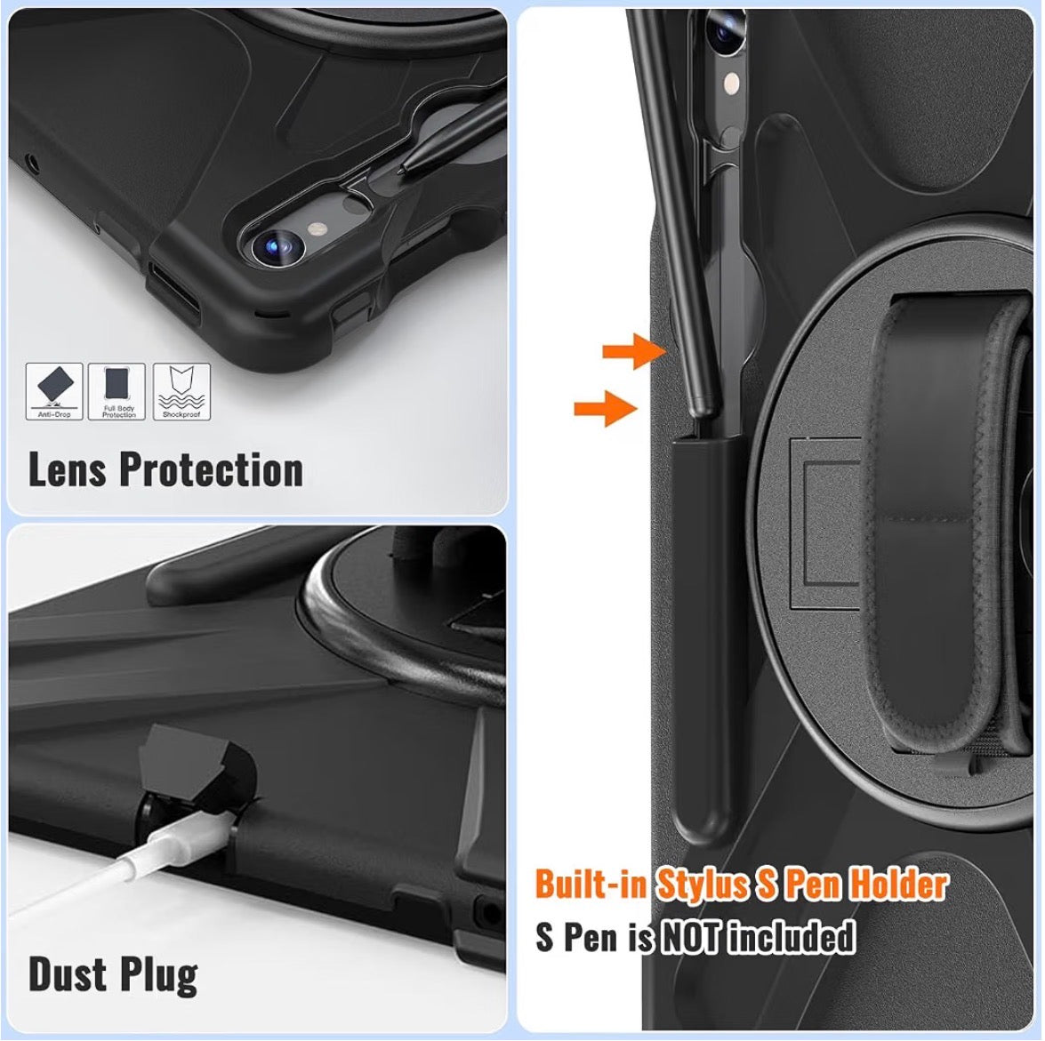Case for Samsung Galaxy Tab S10 Lite/S10 FE/S9 FE/S9/S8/S7 5G 10.9"/11 Inch, Heavy Duty Rugged Soft Silicone Shockproof Drop Protective Cover with Rotating Stand Hand Strap, Black