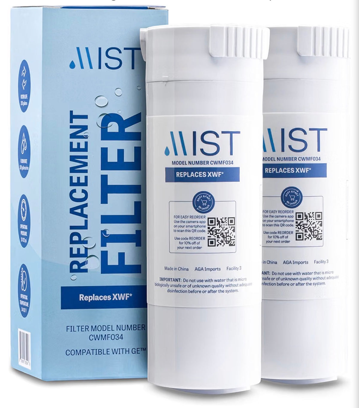 XWF Water Filter, Not XWFE, 2 Pack, Activated carbon, NSF/ANSI 42 certified by IAPMO, reduces chlorine taste, 200 gallons or 6 months, tool-free push-in