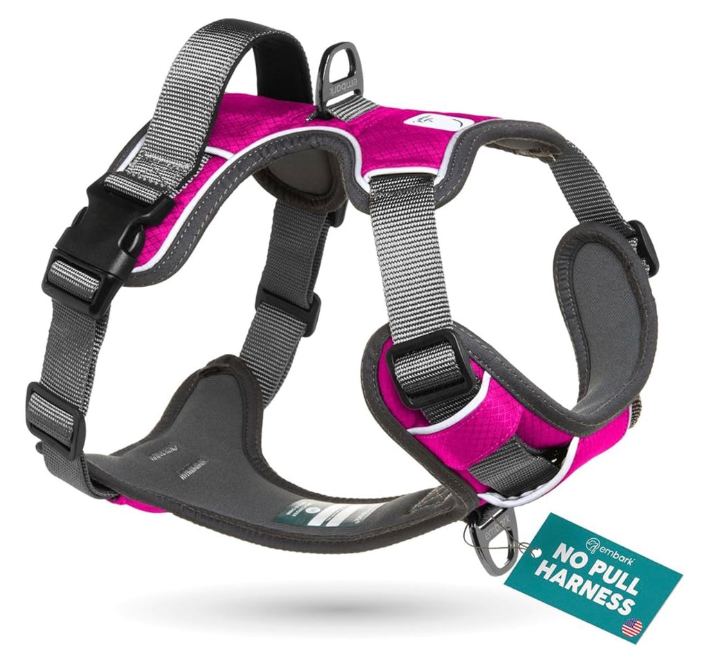 Embark No Pull Dog Harness, Reflective Adjustable Training Vest, No Choke Adjustable straps fit all dog breeds with sturdy hooks; 360° reflective trim, soft padded Harness Design for All Dogs - Hot Pink