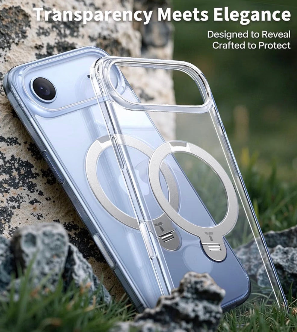 Q3 Spin for iPhone 17 Air Case, 360 Magnetic Stand, Clear, Compatible with MagSafe, Built-in Kickstand, Camera Control, 4X Military-Grade Shockproof Translucent Phone Case for Air