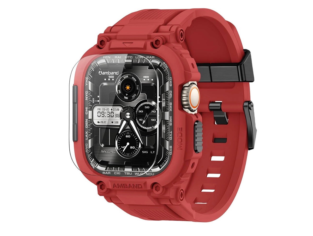 amBand Bands Case Screen Protector Compatible with Apple Watch Ultra 3/2/1 49mm, M1 Sport Series Rugged Cover Strap and 9H Tempered Glass Film, Protective Bumper for iWatch 49 mm Men - Mars Red