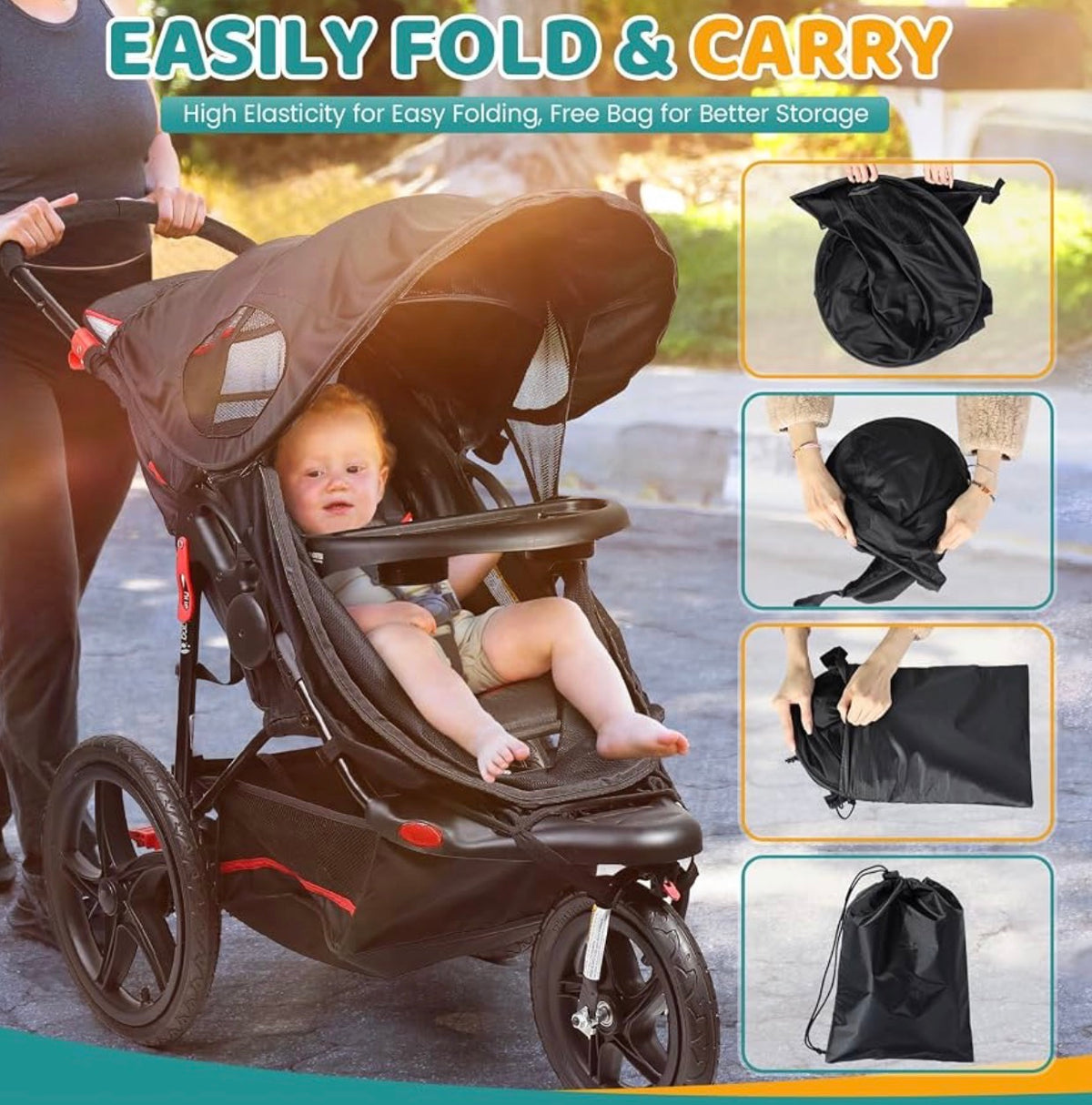 Stroller Sun Shade Cover - Universal Fit Sun Protection, Black, Removable Stroller Shade Extender with Zipper, Breathable & Stable, Block UV, All-around Protection for Summer