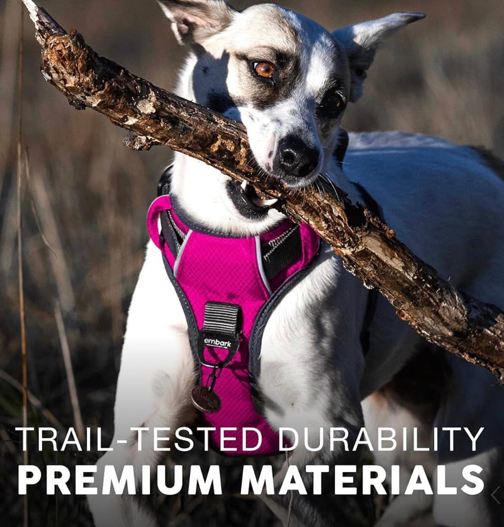 Embark No Pull Dog Harness, Reflective Adjustable Training Vest, No Choke Adjustable straps fit all dog breeds with sturdy hooks; 360° reflective trim, soft padded Harness Design for All Dogs - Hot Pink