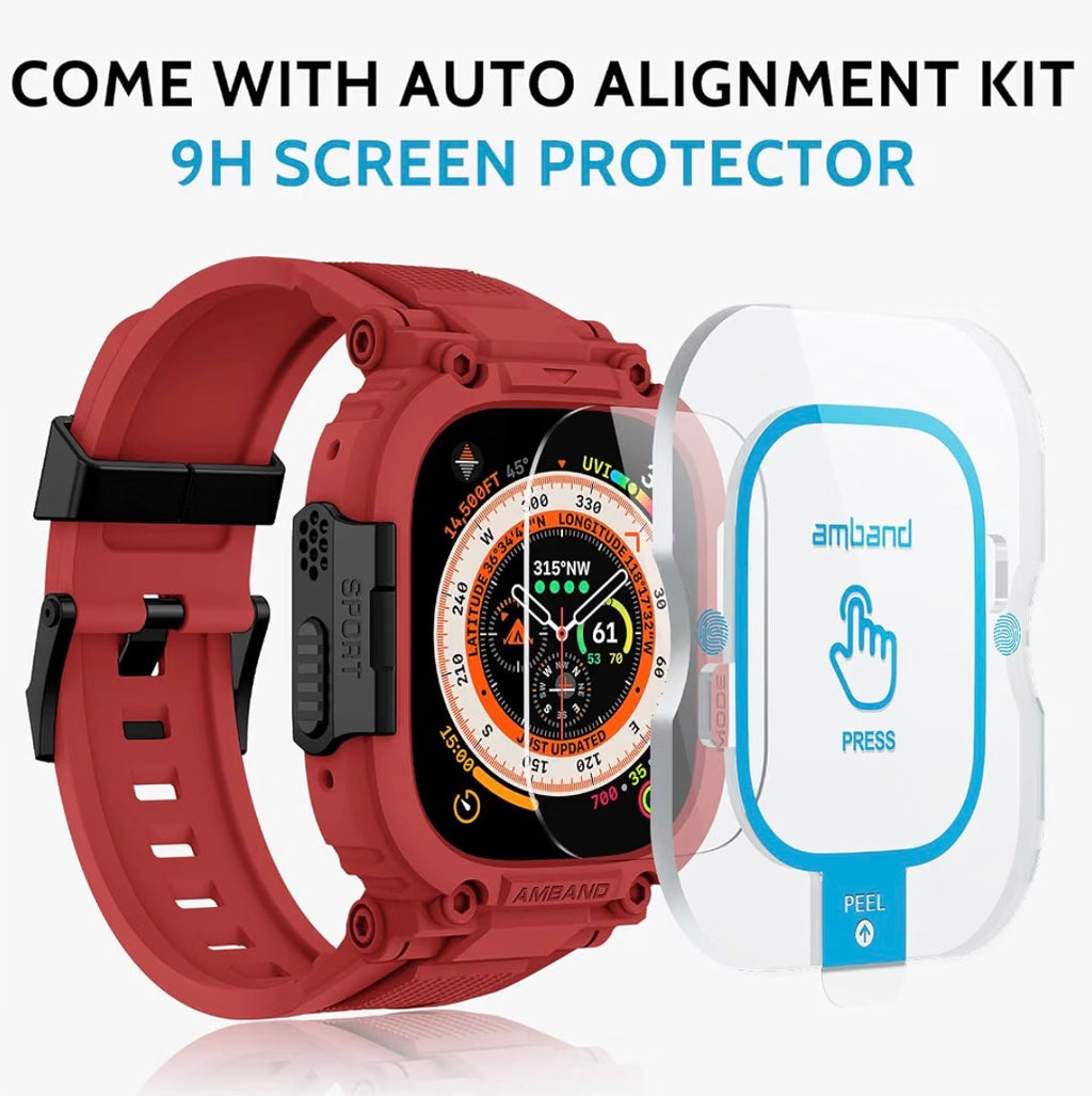 amBand Bands Case Screen Protector Compatible with Apple Watch Ultra 3/2/1 49mm, M1 Sport Series Rugged Cover Strap and 9H Tempered Glass Film, Protective Bumper for iWatch 49 mm Men - Mars Red