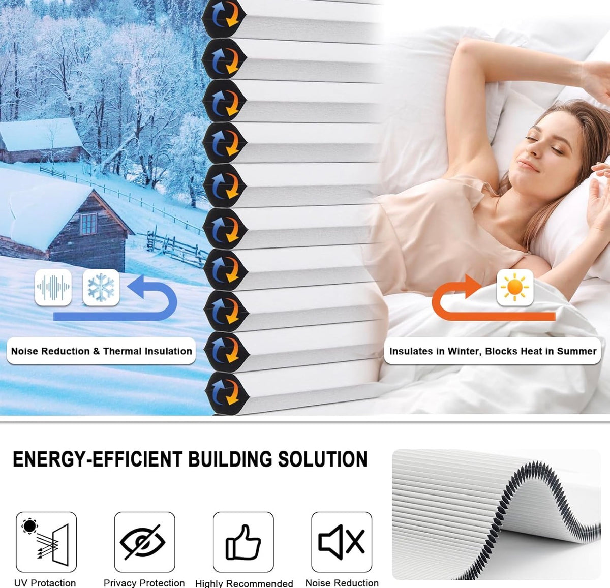 No Drill Cellular Shades for Indoor Windows, Thermal Insulating & Noise Reducing Honeycomb Blinds, Free Stop Cordless Blackout Shades, White,48" W x 64" H