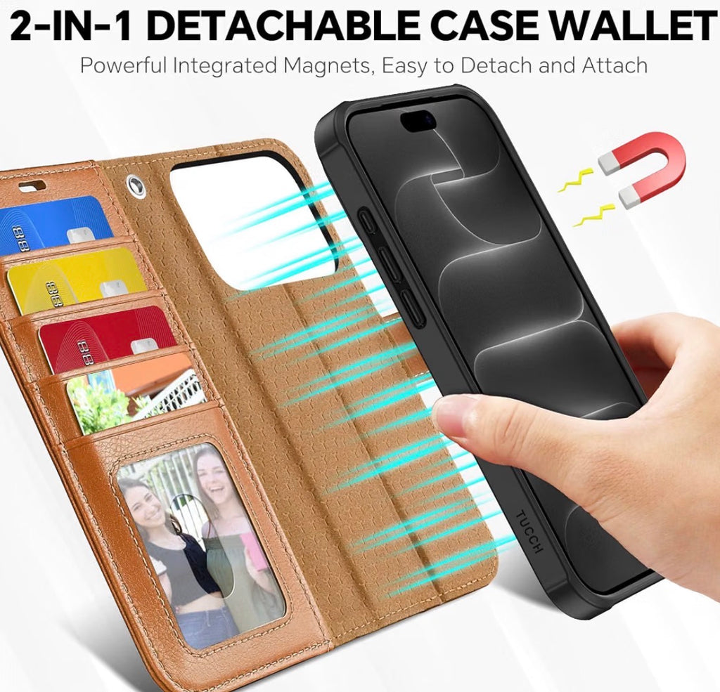 Detachable Wallet Case for iPhone 18 Pro/17 Pro (6.3"), Light Brown, 4 Card Holders, RFID Blocking, Wireless Charging, Kickstand, Wrist Strap, Shockproof TPU, PU Leather, Magnetic, Folio Cover