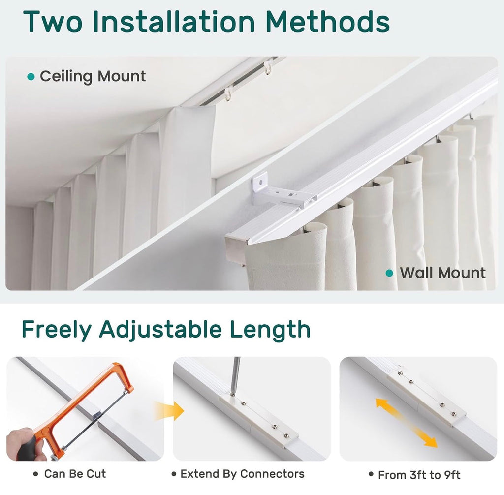 Silent Ceiling Curtain Track with Wall Mount, 6ft-9ft, White, Curtain Track System for Room Divider, Curtain Rail with Three Types of Hooks, Easy Install, 6 to 9 Feet