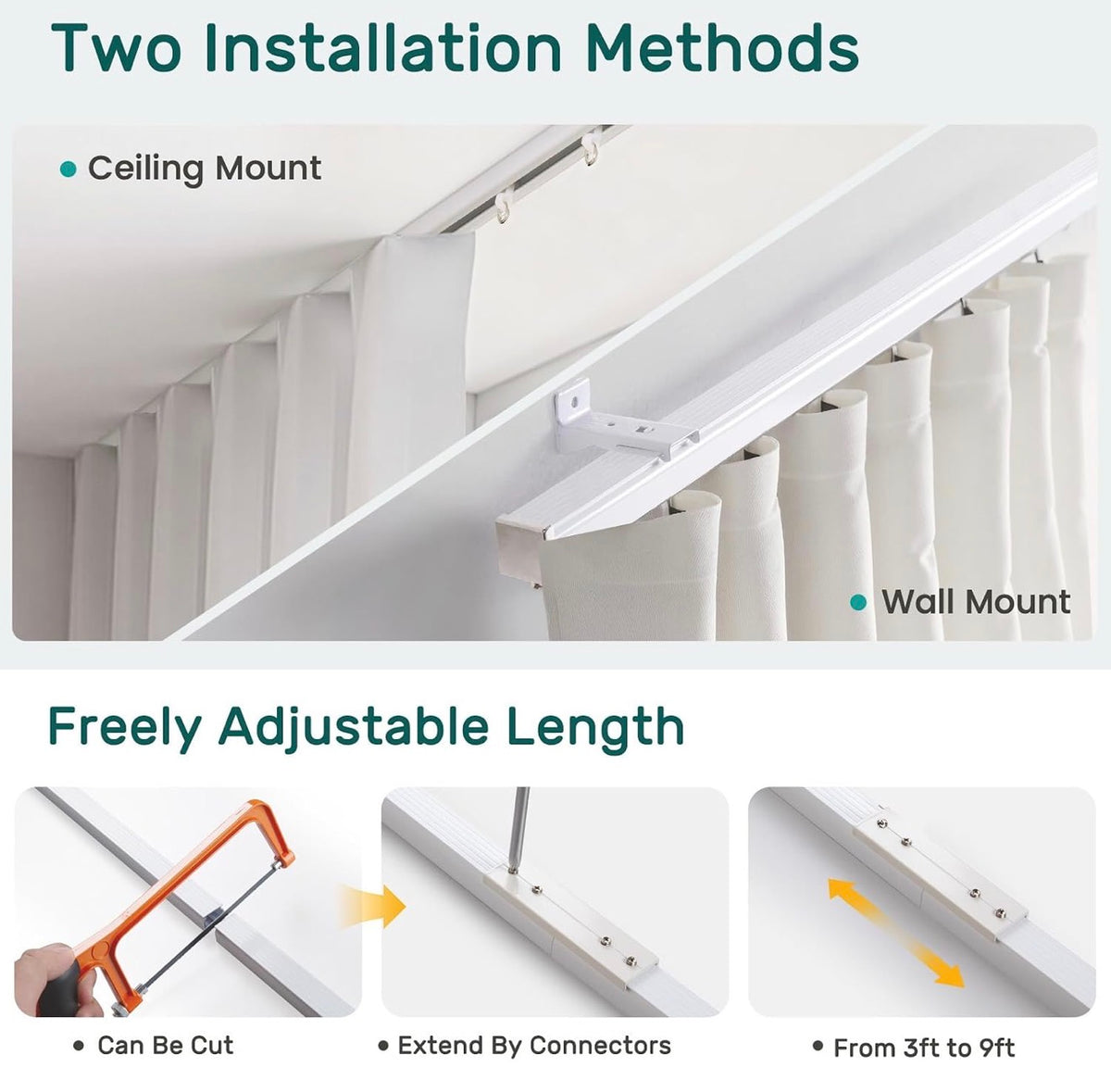 Silent Ceiling Curtain Track with Wall Mount, 6ft-9ft, White, Curtain Track System for Room Divider, Curtain Rail with Three Types of Hooks, Easy Install, 6 to 9 Feet
