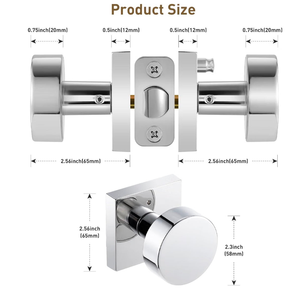 Polished Chrome Door Knobs Interior, Polished Chrome Privacy Door Knob with Lock, Heavy Duty Square Modern Door Handle for Bedroom Bathroom