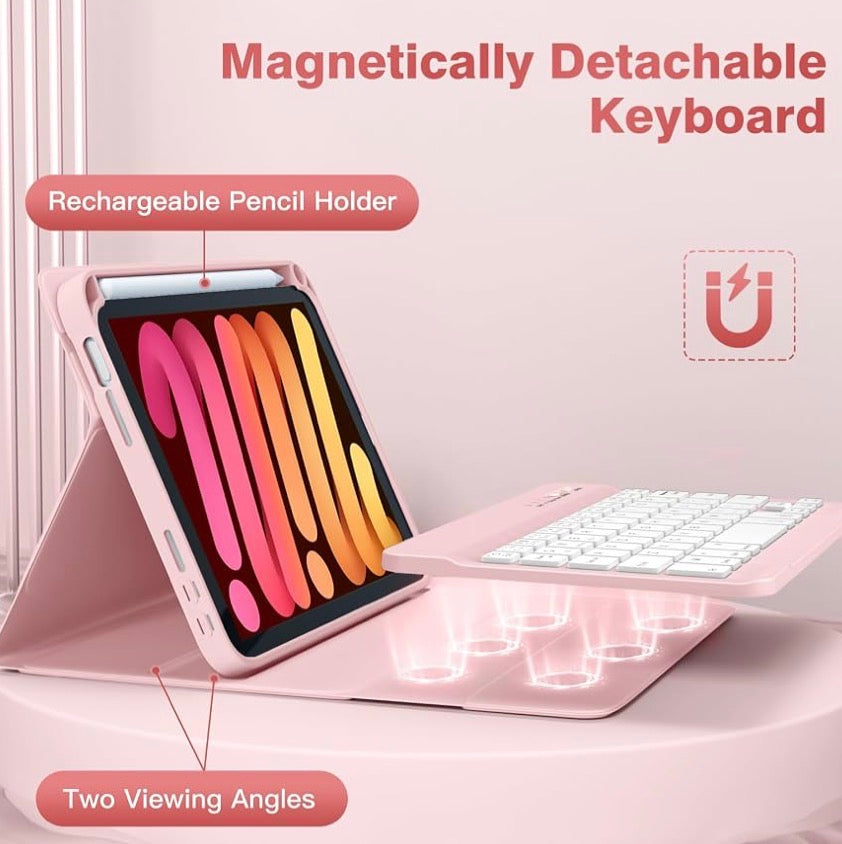 Keyboard Case for iPad 7 Mini/A17 Pro/Mini 6 Gen Case with Keyboard Pencil Holder, 7 Color Backlit Detachable Keyboard Cover for iPad mini 7th/6th Generation 8.3-inch 2024/ 2021, Pink