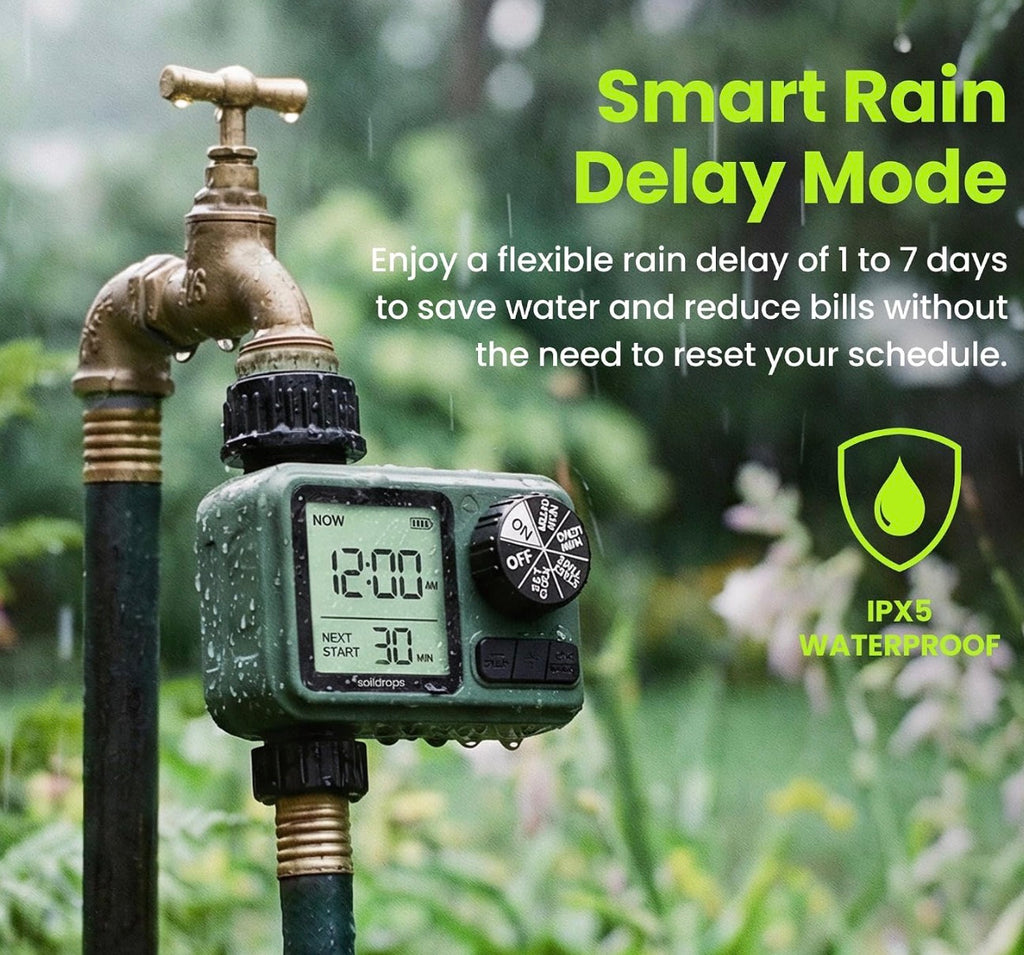 Garden Hose Sprinkler Timer 1 or 2 Outlet Programmable Controller Self-cleaning valve, rain delay, auto-off, IPX5 waterproof, large LCD, 15-day scheduling, and tool-free installation