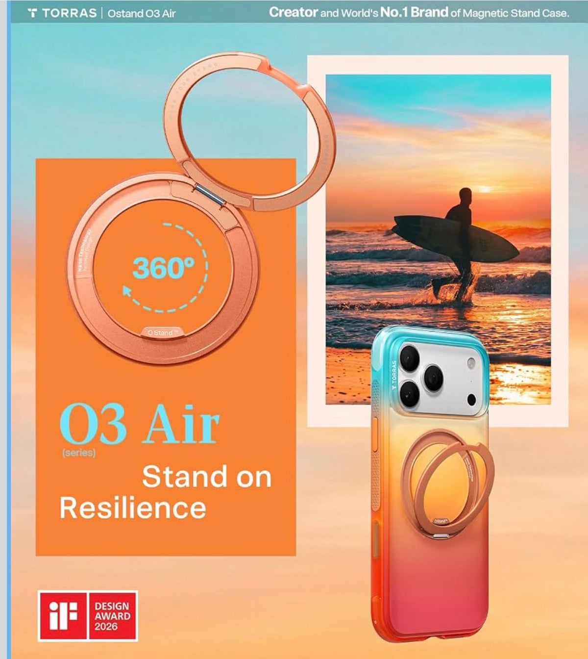 TORRAS O3 Air for iPhone 17 Pro Case, 360 Magnetic Stand, [Fit for MagSafe] Slim Case for iPhone 17 Pro, 6.3", Coastal Sunset, Fit for Magsafe, Military Drop Protection, Camera Control, Shockproof