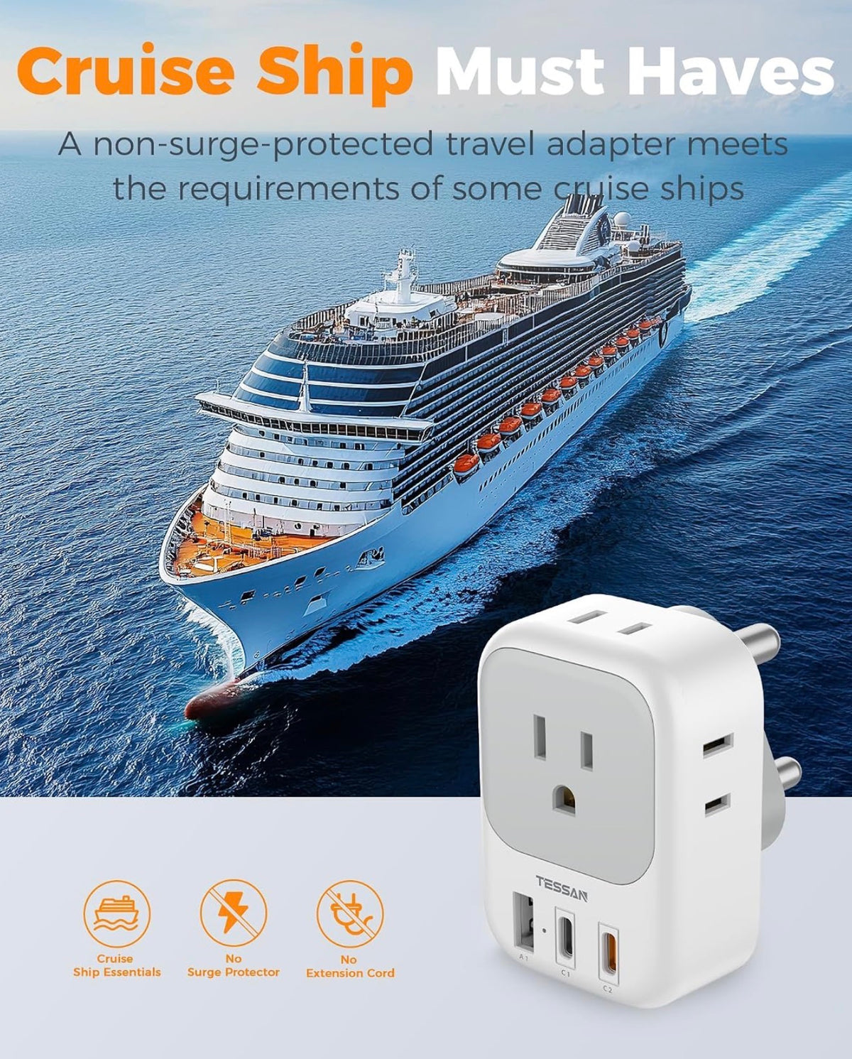 South Africa Type M Plug Adapter, 2 Pack
4 Outlets, 3 USB (2 USB-C), For US to Namibia Botswana Nepal Mozambique Sri Lanka Eswatini Lesotho