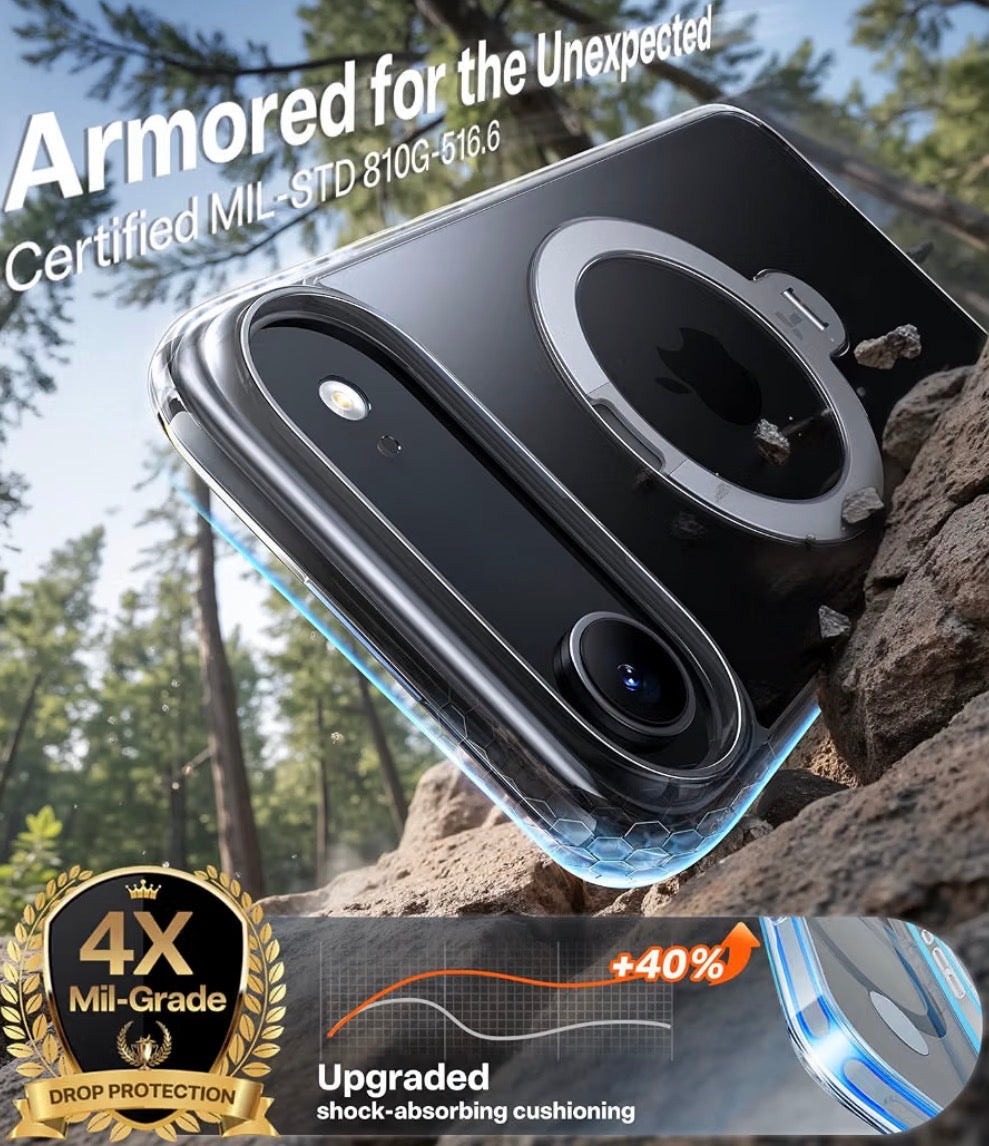 Q3 Spin for iPhone 17 Air Case, 360 Magnetic Stand, Clear, Compatible with MagSafe, Built-in Kickstand, Camera Control, 4X Military-Grade Shockproof Translucent Phone Case for Air