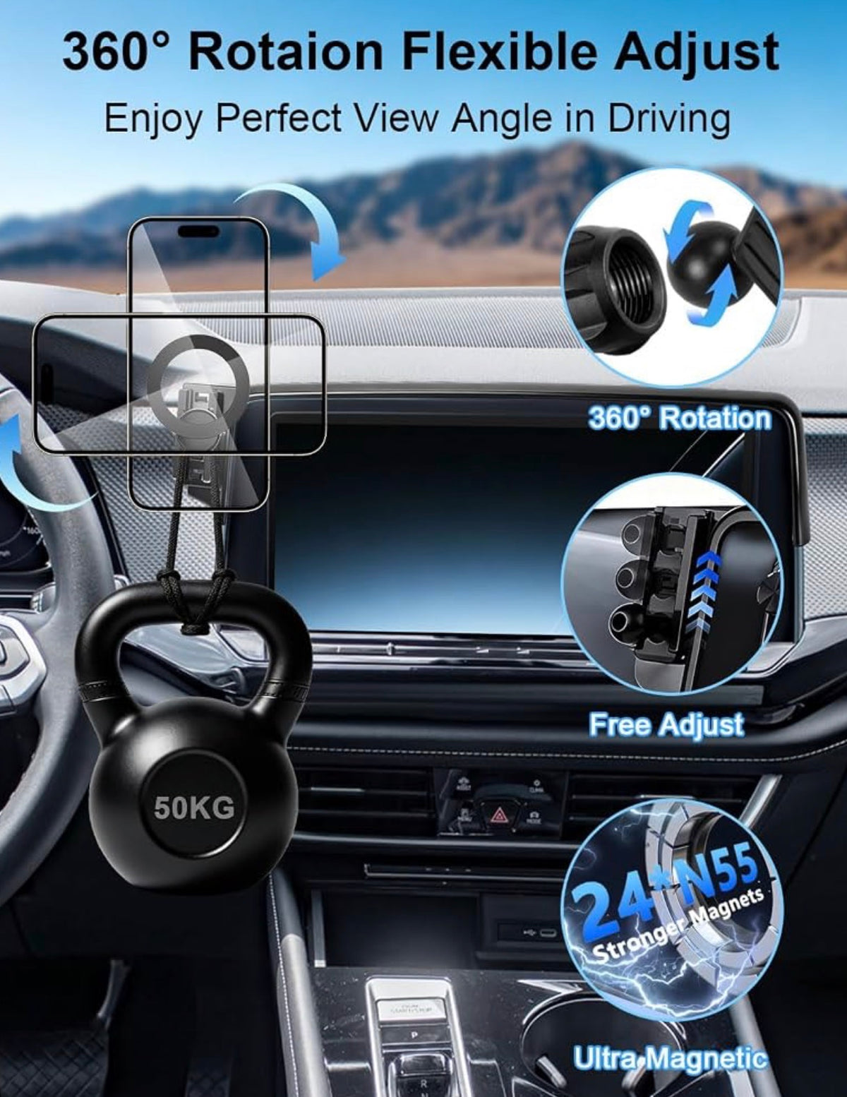 Car Phone Mount for VW/Volkswagen Atlas/Altas Cross Sport 2024-2026
SE/SEL/Premium R-Line/R-Line Accessories 12-inch Screen Compatible with MagSafe Phone Holder 360° Rotation Not Block Vent