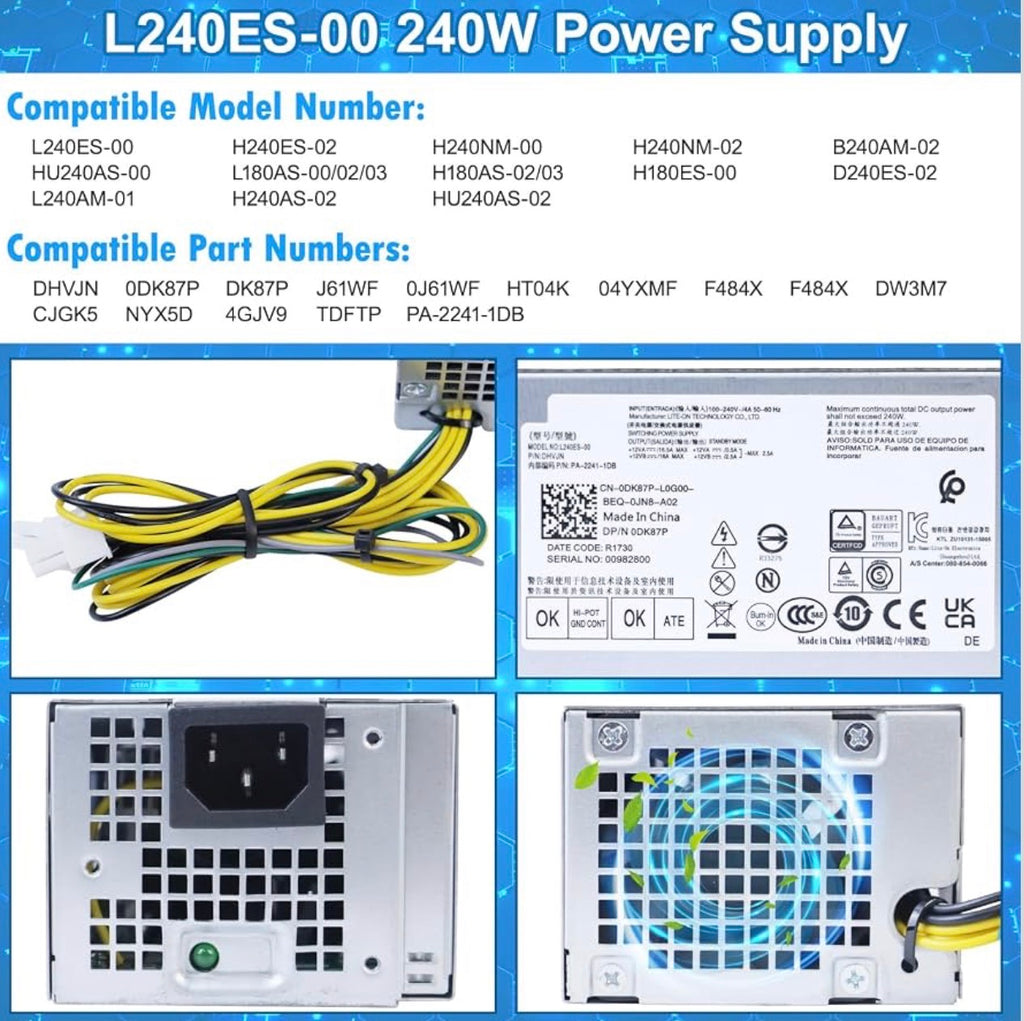 Upgraded L240ES-00 H240ES-02 240W Power Supply B240AM-02 PSU Compatible with Dell Optiplex 3050 5050 7050 Mini Tower J61WF DK87P DHVJN F484X DW3M7 HT04K L240ES-00 H240NM-00 HU240AS-00 Power Supply