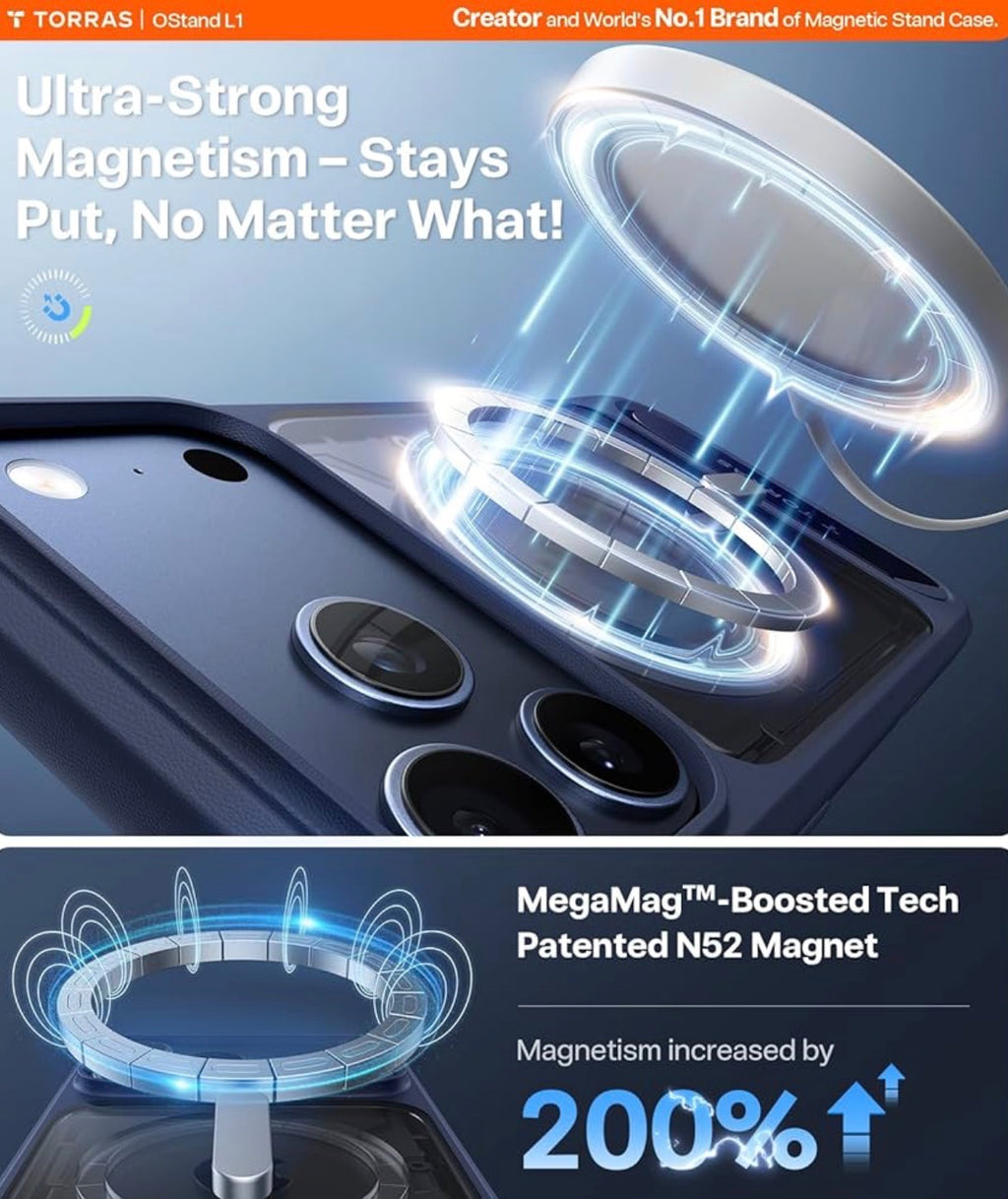 TORRAS Strong Magnetic Seamless Stand for iPhone 17 Pro Max Case Deep Blue
Fit for MagSafe, Military Grade Drop Protection, Invisible Adjustable Kickstand, Camera Control Button, Translucent Matte