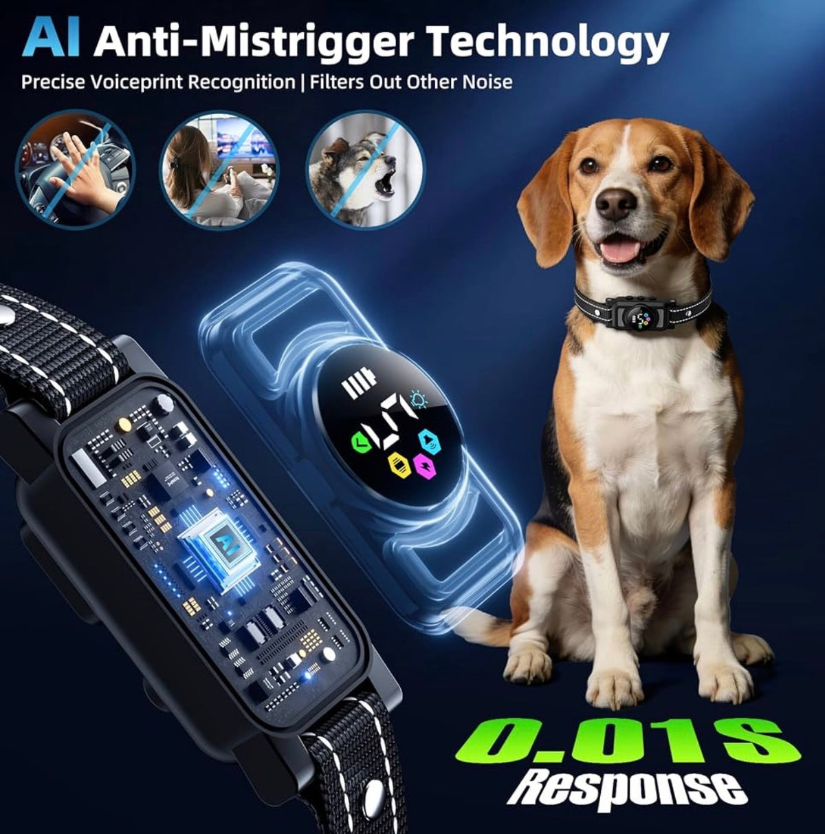 Dog Bark Collar for Large Medium Small Dogs, AI No-Bark Collar for Dogs Training Collar, Smart Barking Collar, Rechargeable Bark Collar
