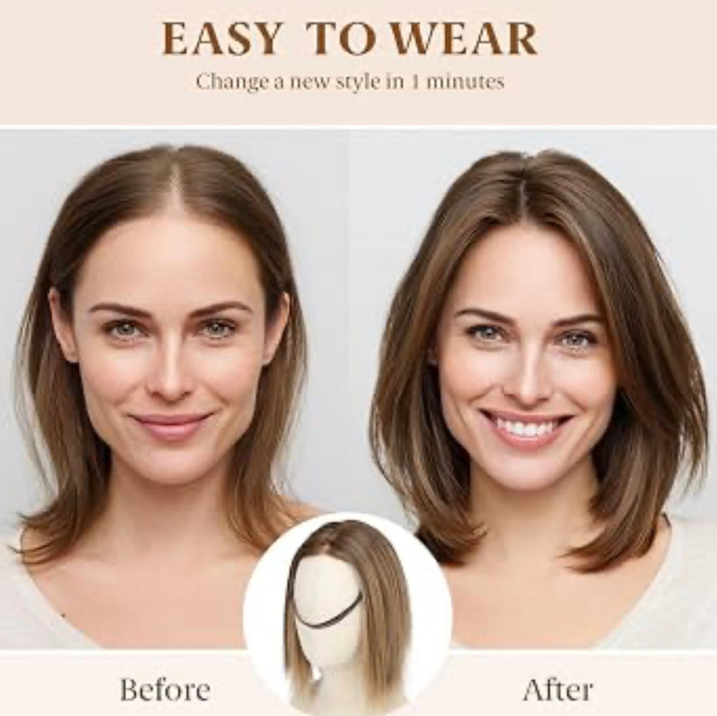 Lace Front Hair Toppers with Band for Women 5.5x4 Pre-cut Closed Lace Hairline Synthetic Straight Hair Wear and Go Glueless Toppers for Beginners Chestnut
