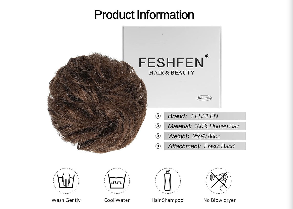 100% Human Messy Bun - Human Hair Bun Real Elastic Scrunchies Hair Pieces Soft Fluffy Wavy Ponytail Extensions Updo Chignon Hairpieces for Women, Medium Brown Auburn