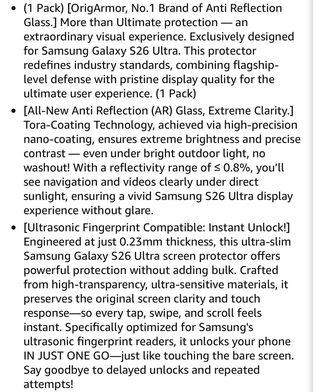 OrigArmor for Samsung Galaxy S26 Ultra Screen Protector [100% Anti Reflection] [Full Coverage Fit] Military-Grade Shatterproof 9H+ Tempered Glass Anti-Scratch Screen Protector S26 Ultra 1-Pack