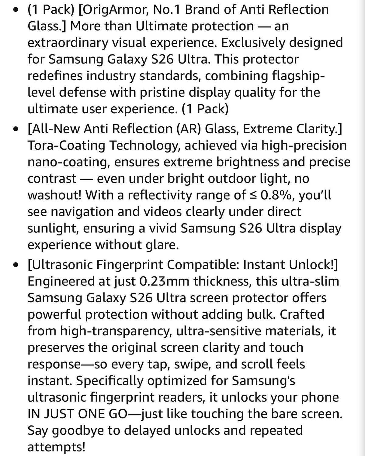 OrigArmor for Samsung Galaxy S26 Ultra Screen Protector [100% Anti Reflection] [Full Coverage Fit] Military-Grade Shatterproof 9H+ Tempered Glass Anti-Scratch Screen Protector S26 Ultra 1-Pack