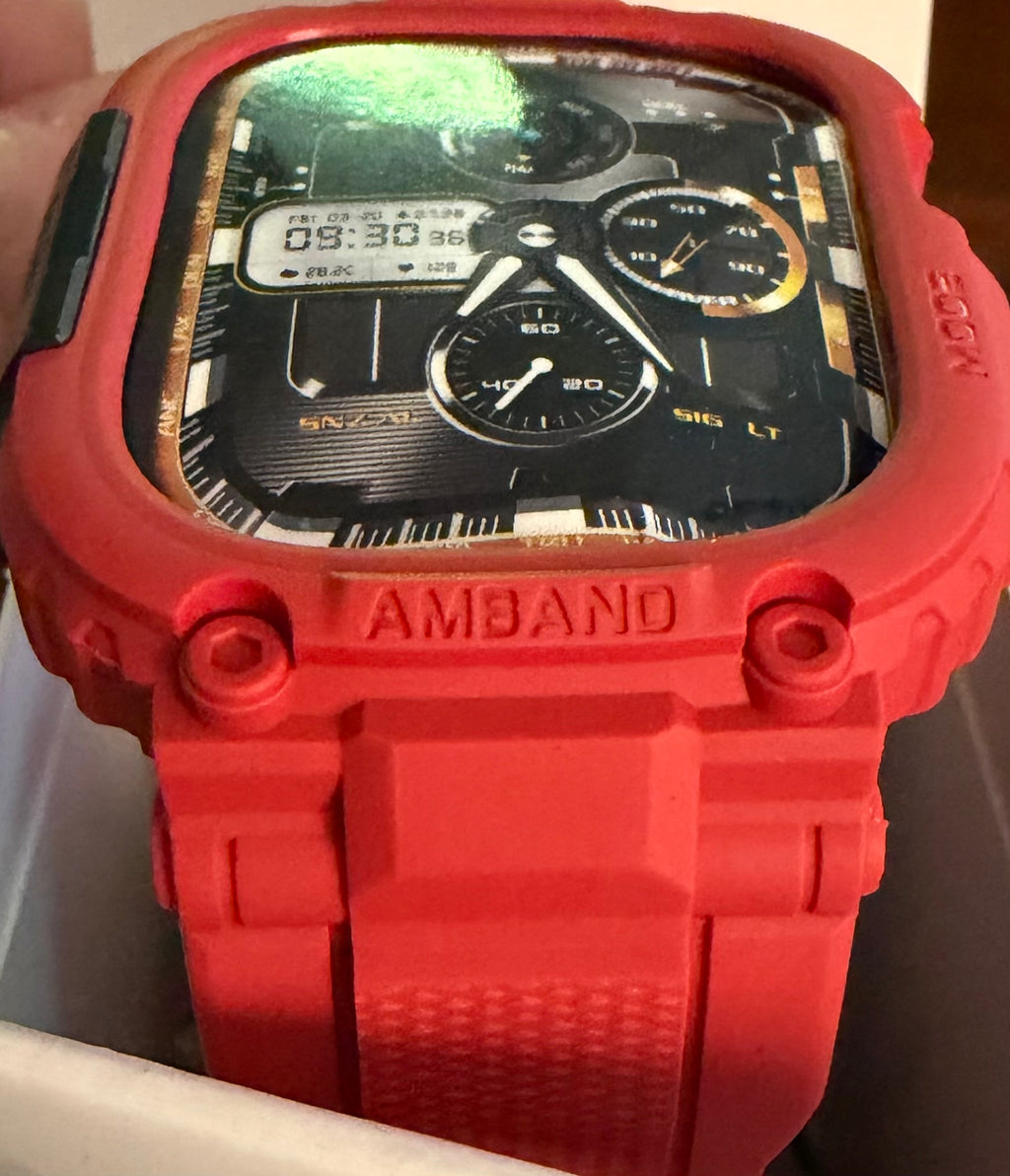 amBand Bands Case Screen Protector Compatible with Apple Watch Ultra 3/2/1 49mm, M1 Sport Series Rugged Cover Strap and 9H Tempered Glass Film, Protective Bumper for iWatch 49 mm Men - Mars Red