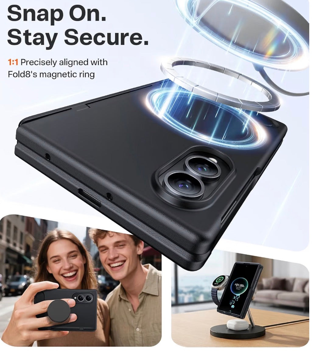 For Samsung Galaxy Z Fold 8 Case, Magnetic & Flush Stand, Black, Built-in Kickstand, Compatible with MagSafe, Mil-Grade Hinge Protection Case for Galaxy Z Fold 8 Wide, 2 Screen Protectors