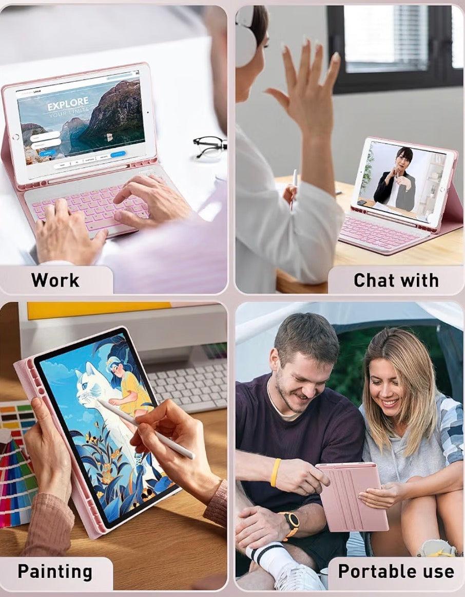 for iPad mini 5 (2019) & Mini 4 (2015) Case with Keyboard for iPad mini 5th 4th Generation 7.9" - 7 Color Backlit Keyboard Case - Built in Pencil Holder with Mouse - Pink