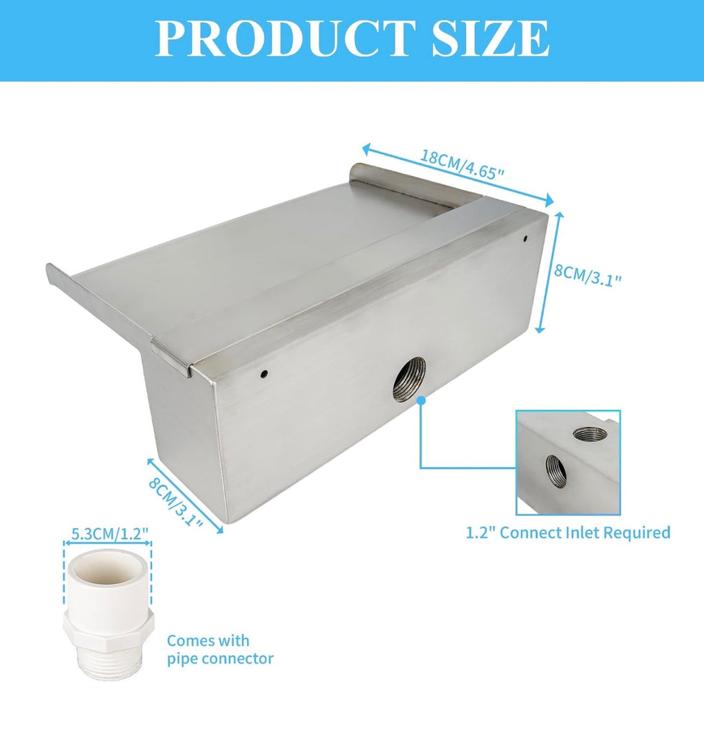 36” Inch Pool Fountain 304 Stainless Steel Waterfall Spillway with Pipe Connector Kits, Wider Water Flow Sheer Descent Platform Water Feature Fountain for Swimming Pool, Outdoor Garden Decor