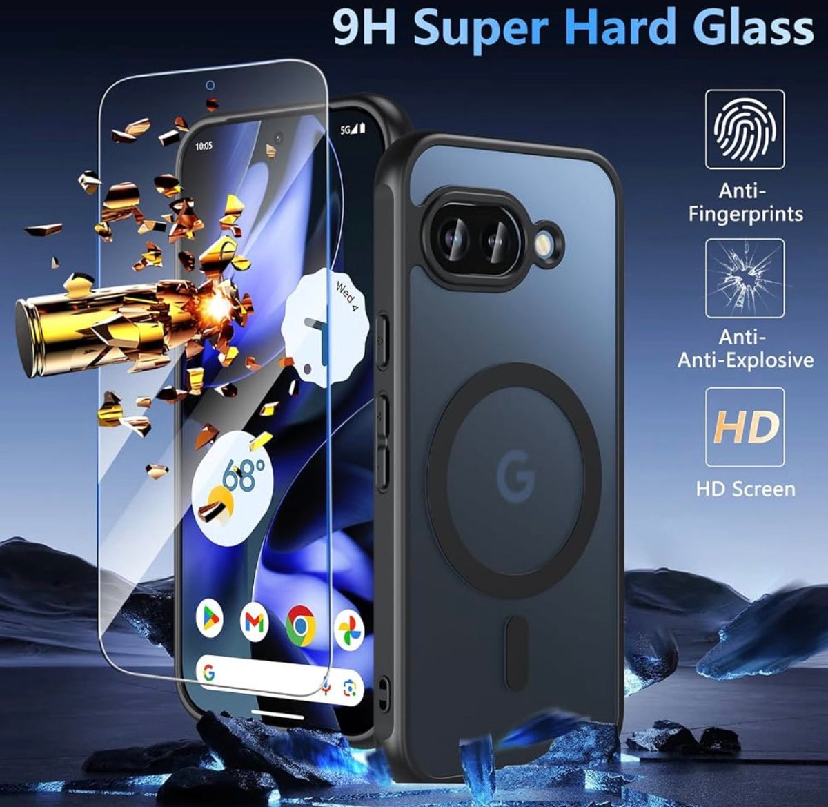 for Google Pixel 9A Case Magnetic, Pixel 9A Phone Case with Screen Protector [Compatible with MagSafe], Translucent Back Slim Shockproof Protective Case, Black