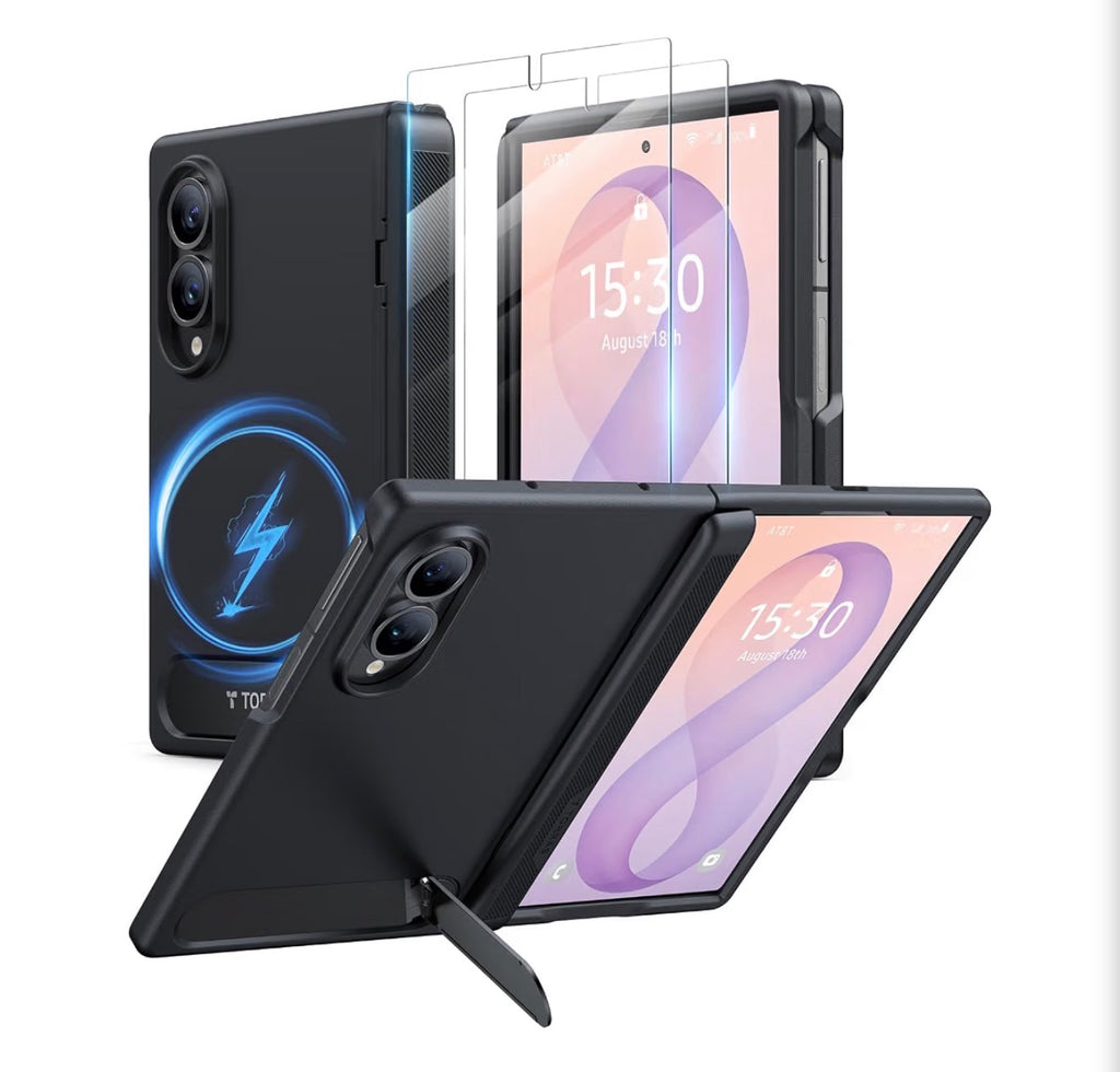 For Samsung Galaxy Z Fold 8 Case, Magnetic & Flush Stand, Black, Built-in Kickstand, Compatible with MagSafe, Mil-Grade Hinge Protection Case for Galaxy Z Fold 8 Wide, 2 Screen Protectors