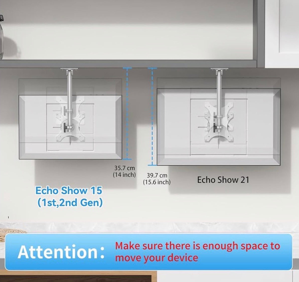 Under Cabinet Mount for Echo Show 15/21, Height Adjustable Mount Wide Range of Motion, Keeps Counters Clear, Swivel and Tilt Mount for Show 15, Aluminum, Ideal for Kitchen Use, Height-Silver