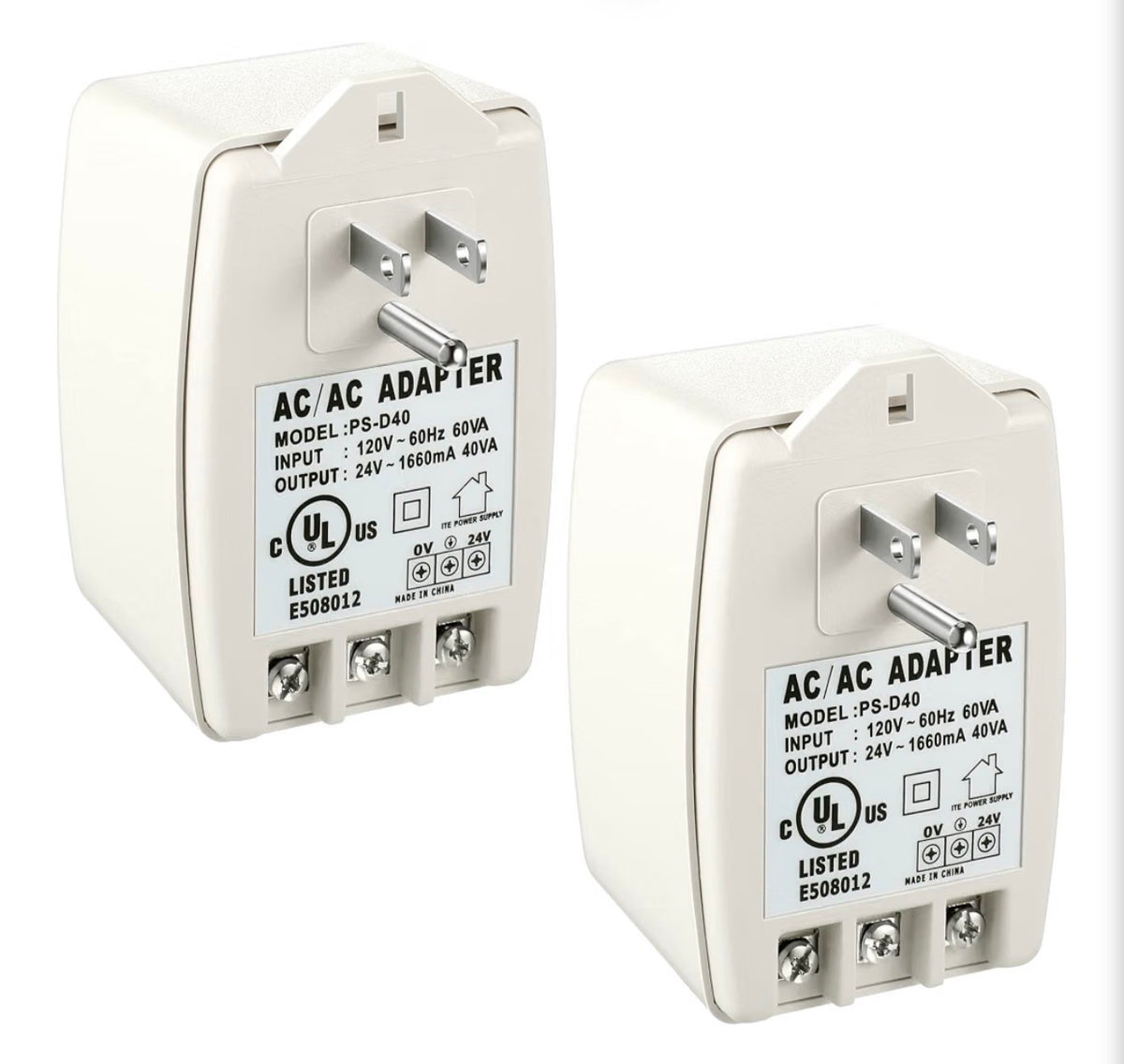 2 Pack - 24V 40VA Plug in Transformer, UL Listed (Without Screw Holes)
Compatible with Ring, Nest, Sensi Doorbell & Thermostats, PTC Fuse Protection, LED Power Indicator