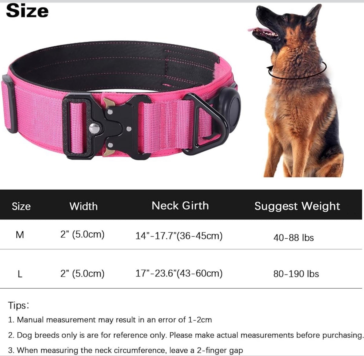 Tactical Dog Collar with Airtag Holder for Medium Dogs, 2" Wide Pink Collar
Gift 3 Patches, Military Heavy Duty Dog Collar with AirTag Holder & Metal Buckle & Soft Padding for Walking, Hiking, Training