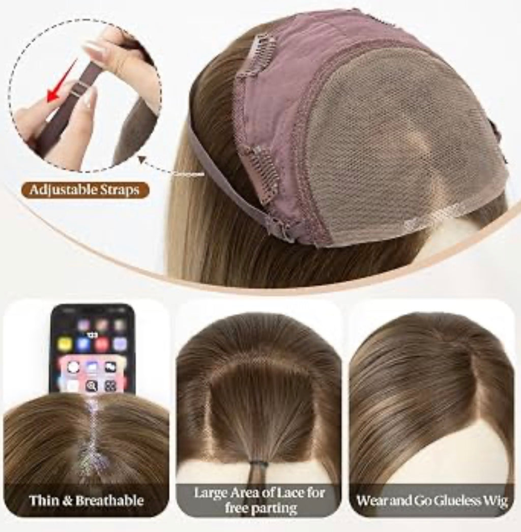 Lace Front Hair Toppers with Band for Women 5.5x4 Pre-cut Closed Lace Hairline Synthetic Straight Hair Wear and Go Glueless Toppers for Beginners Chestnut