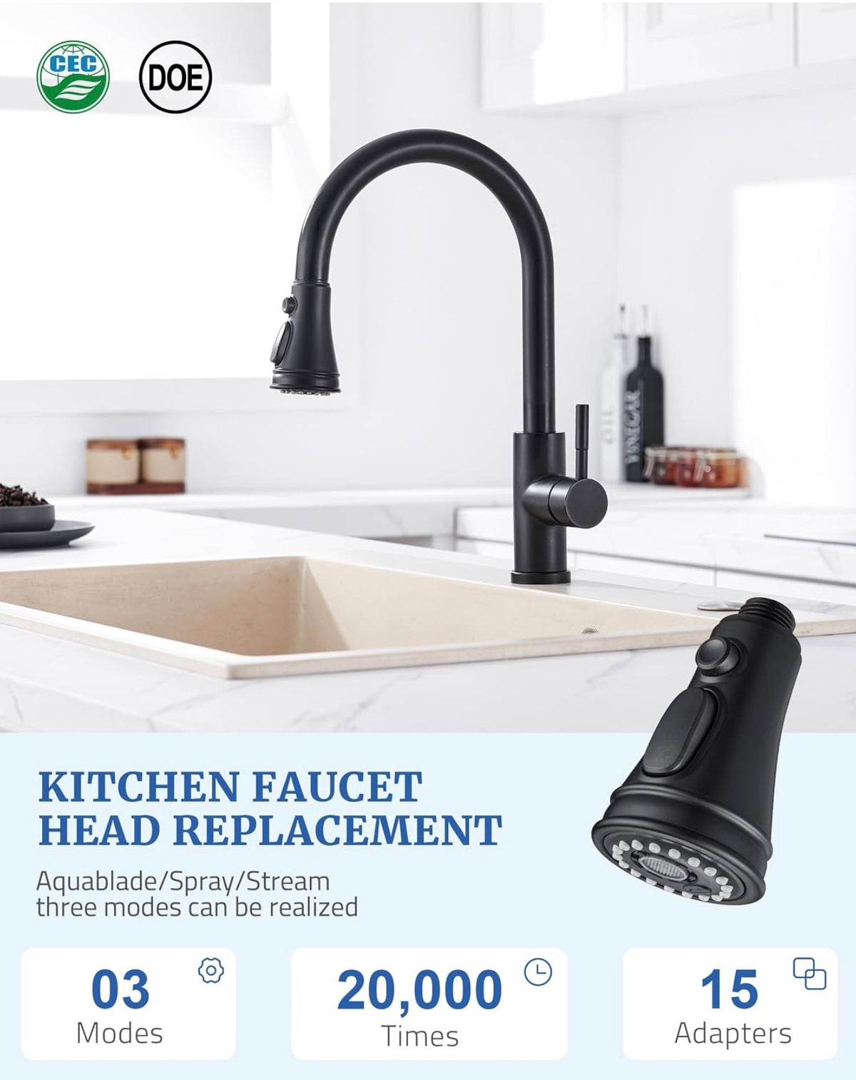 Kitchen Faucet Spray Head Replacement, 3-Function Pull Down Sprayer Head
15 Adapters, Compatible with Moen Delta Kohler, 3-Mode Stream Spray Blade, Removable Aerator, Easy Install, Matte Black