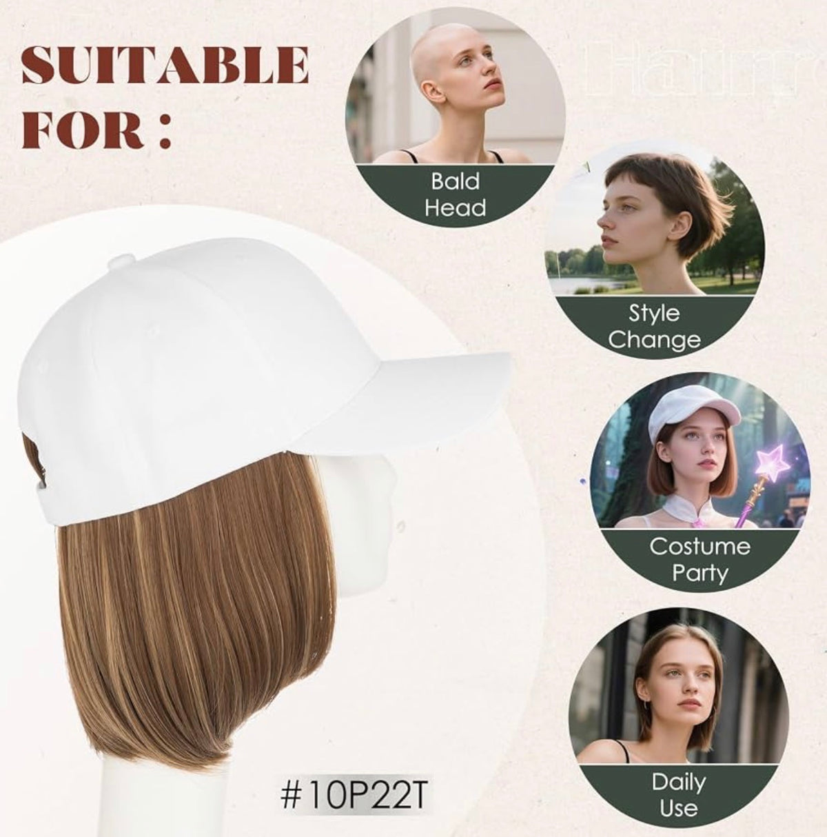 Wig Hat For Women Baseball Cap With Hair Extensions Synthetic Fake Hair 6" 150g #10P22T