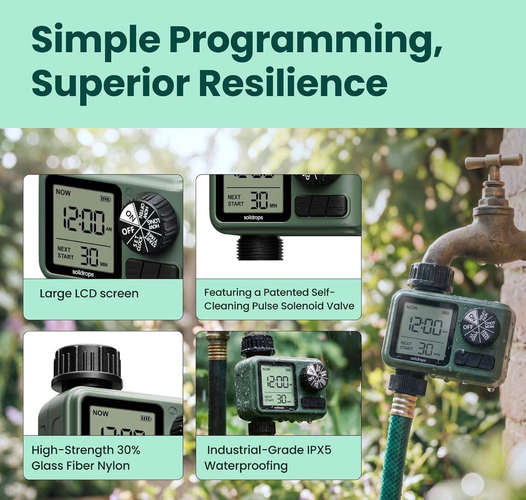 Garden Hose Sprinkler Timer 1 or 2 Outlet Programmable Controller Self-cleaning valve, rain delay, auto-off, IPX5 waterproof, large LCD, 15-day scheduling, and tool-free installation