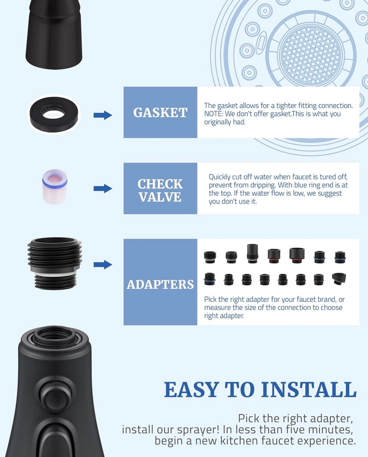 Kitchen Faucet Spray Head Replacement, 3-Function Pull Down Sprayer Head
15 Adapters, Compatible with Moen Delta Kohler, 3-Mode Stream Spray Blade, Removable Aerator, Easy Install, Matte Black