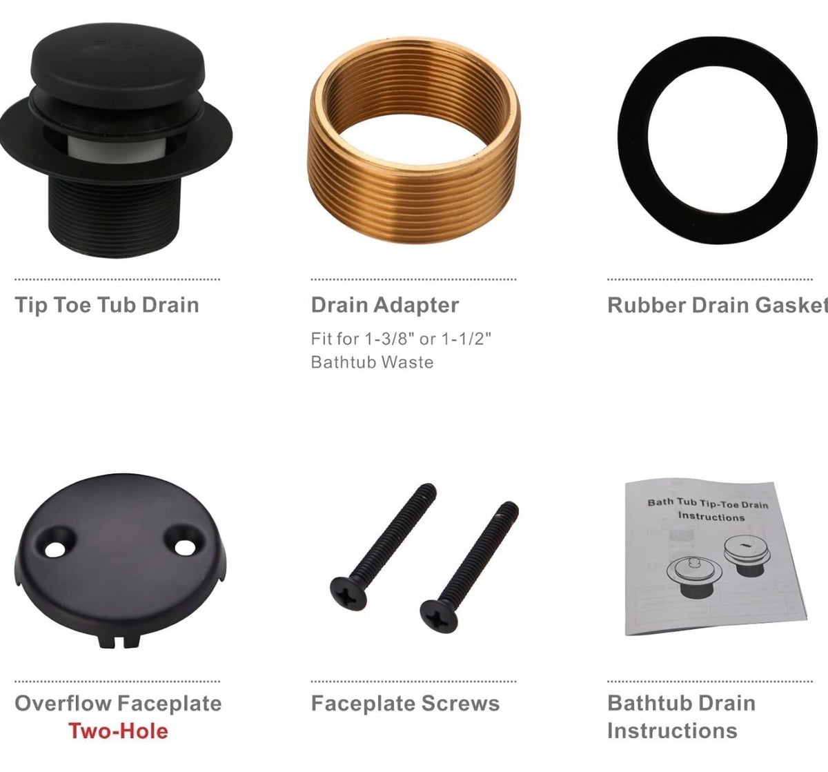 Matte Black Bath Tub Drain Trim Bathtub Drain Kit 2 Hole Overflow, 304 Stainless Steel & Brass Tub Drain,Tip Toe Tub Replacement Conversion Kit,Fits 1-3/8 & 1-1/2 Bathtub Drain,Easy Install