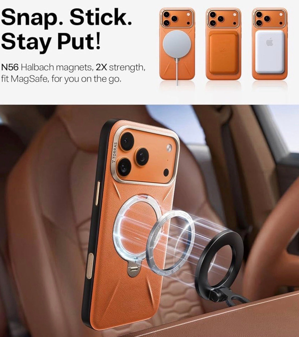 TORRAS - Q3 VegSkin for iPhone 17 Pro Max Case Leather, 360 Spin Magnetic Stand, Fit for MagSafe, Camera Control, Shockproof Premium Organic Silicone Leather Case for iPhone 17 Pro Max, Burnt Orange
